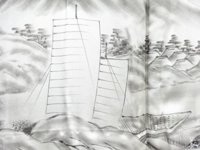 アンティーク　帆掛け船模様肩裏紋付羽二重男物着物